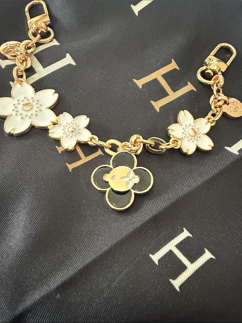 Gold-Tone Floral Charm  with White and Black Enamel handmade